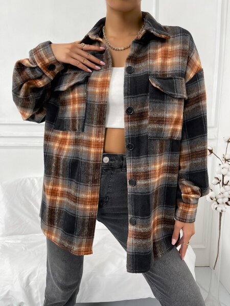 Checked Single-Breasted Lapel-Necked Long-Sleeved Jacket