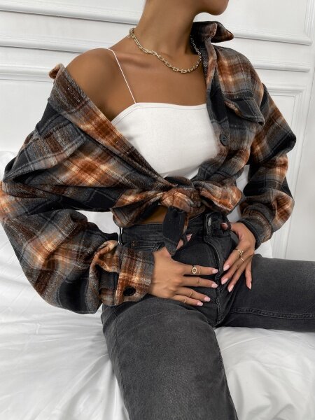 Checked Single-Breasted Lapel-Necked Long-Sleeved Jacket